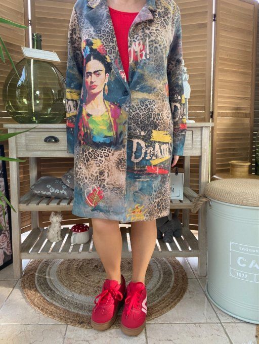 Veste longue suédine Léopard bleuté Frida Kahlo aux Fleurs du 36 au 46 et même + 