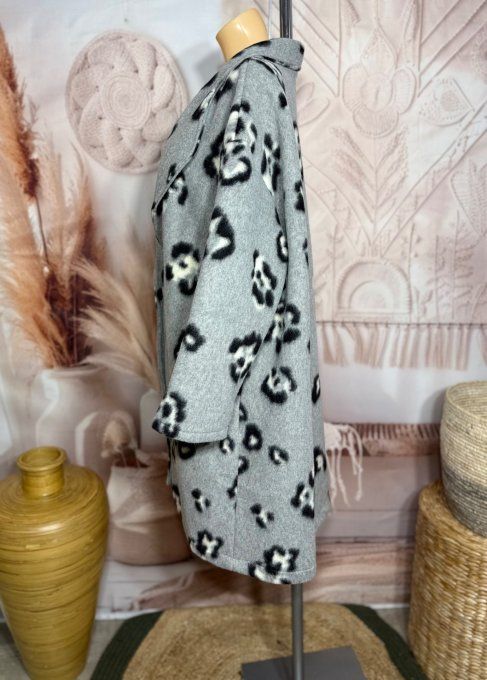 Manteau mi-long oversize polaire gris perle et Léopard du 42 au 52/54 et même +