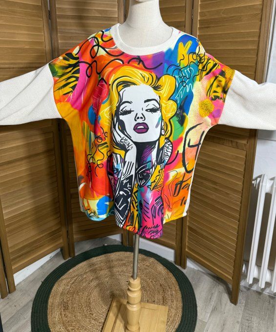 Sweat satiné et velours crème Marylin Monroe Pop Art du 40 au 50  