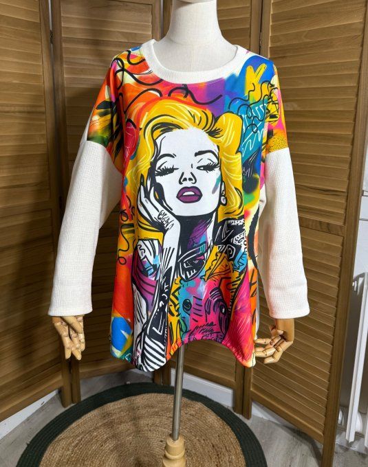 Sweat satiné et velours crème Marylin Monroe Pop Art du 40 au 50  