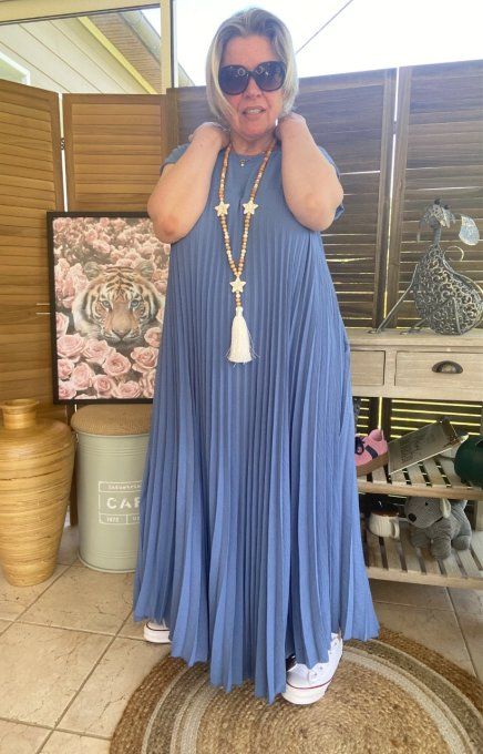 Robe ample longue plissée manches courtes bleu jeans du 38 au 48/50