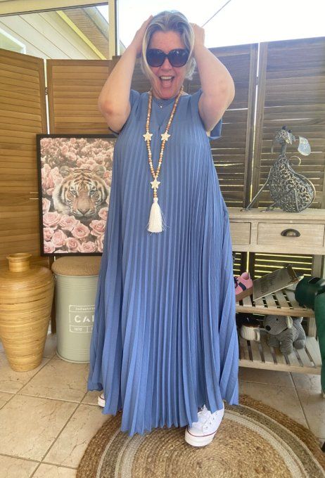 Robe ample longue plissée manches courtes bleu jeans du 38 au 48/50