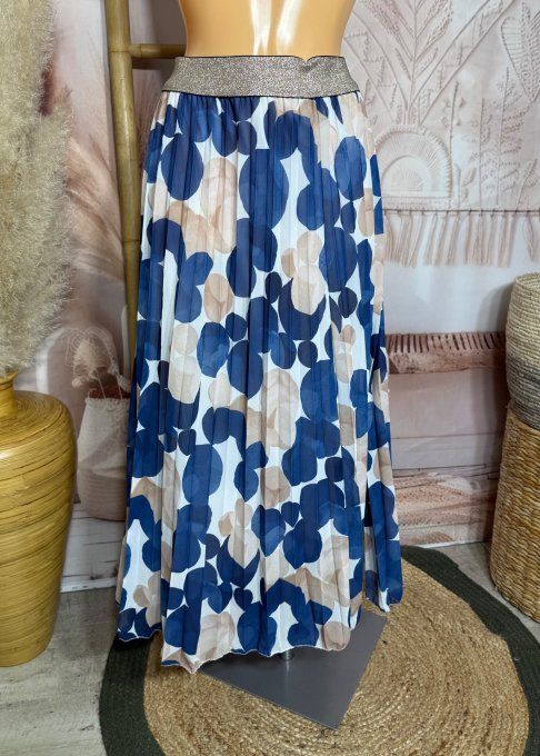 Jupe longue plissée bulles marines beiges crèmes bleues ceinture dorée du 38 au 50