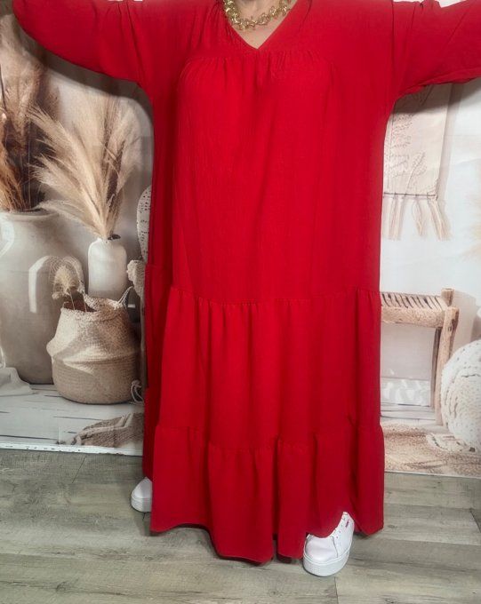Robe trapèze longue rouge Col V manches longues élastiquées du 42 au 54/56 