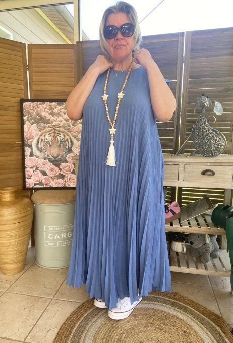 Robe ample longue plissée manches courtes bleu jeans du 38 au 48/50