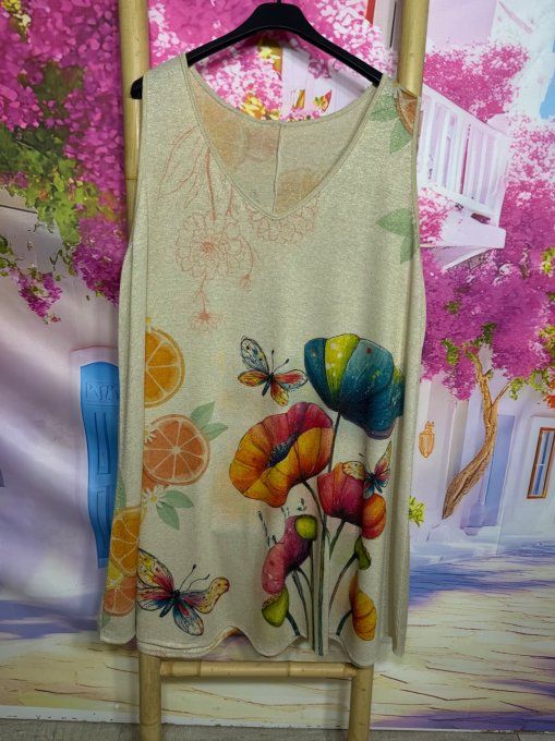 Robe débardeur trapèze courte Lurex pailleté doré Les papillons sur les Fleurs du 40 au 52/54