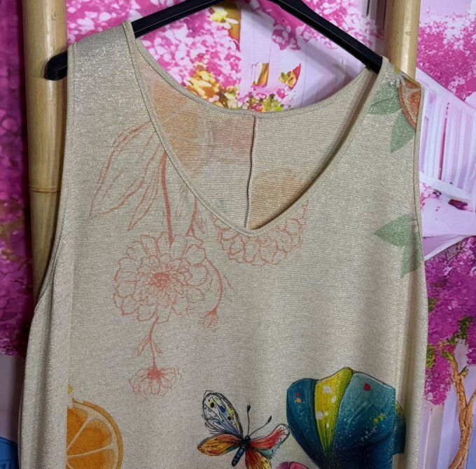 Robe débardeur trapèze courte Lurex pailleté doré Les papillons sur les Fleurs du 40 au 52/54