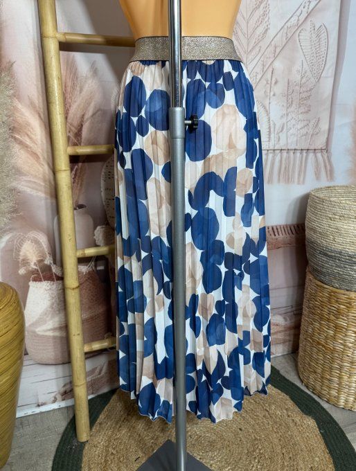 Jupe longue plissée bulles marines beiges crèmes bleues ceinture dorée du 38 au 50