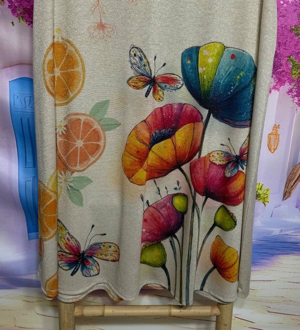 Robe débardeur trapèze courte Lurex pailleté doré Les papillons sur les Fleurs du 40 au 52/54