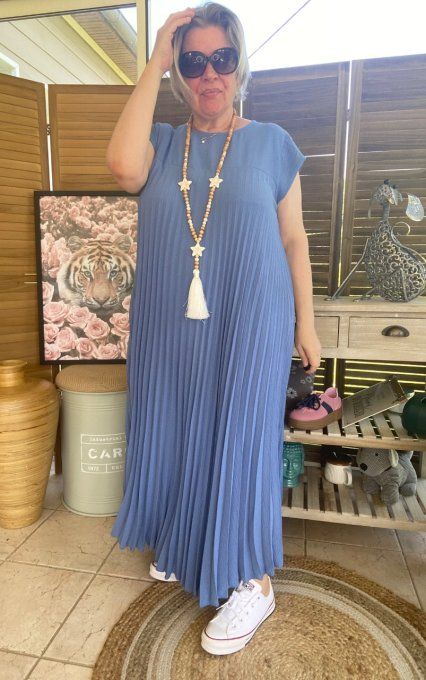 Robe ample longue plissée manches courtes bleu jeans du 38 au 48/50