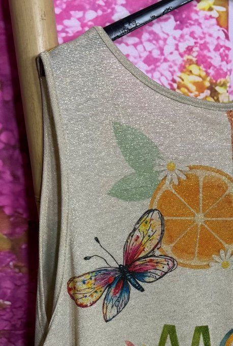 Robe débardeur trapèze courte Lurex pailleté doré Les papillons sur les Fleurs du 40 au 52/54