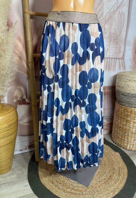 Jupe longue plissée bulles marines beiges crèmes bleues ceinture dorée du 38 au 50