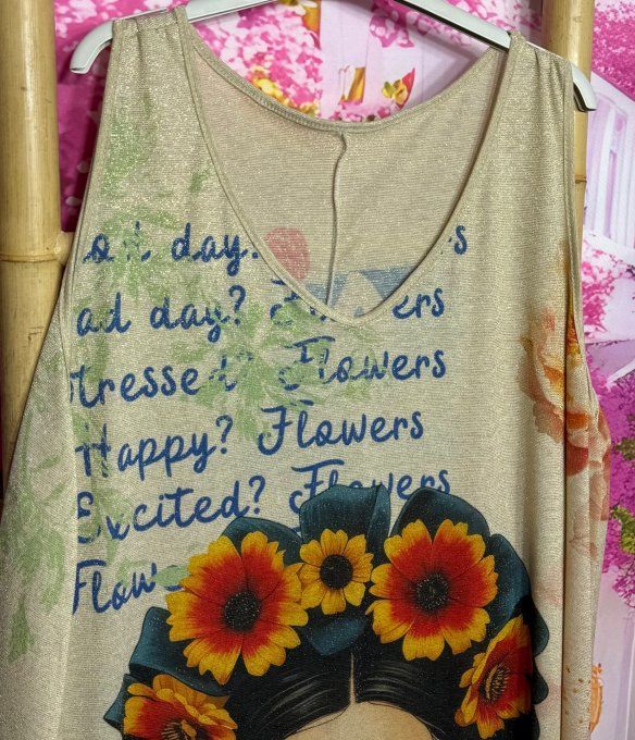 Robe débardeur trapèze courte Lurex pailleté doré Moderne Frida Kahlo aux fleurs du 40 au 52/54