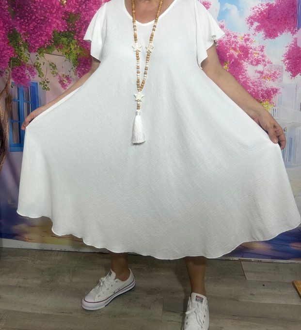 Robe trapèze mi-longue blanche manches courtes volantées douceur ++++ du 38 au 50 