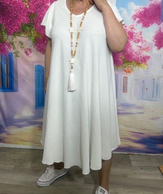 Robe trapèze mi-longue blanche manches courtes volantées douceur ++++ du 38 au 50 