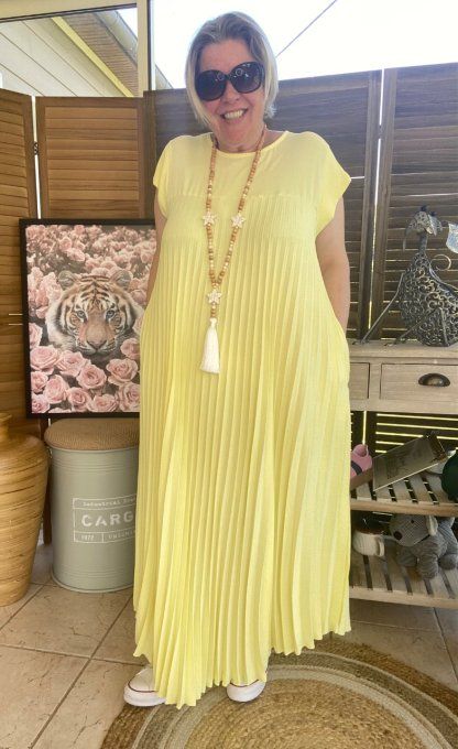 Robe ample longue plissée manches courtes jaune pastel du 38 au 48/50 