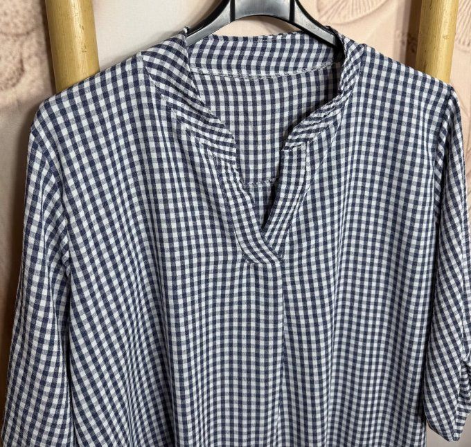 Tunique ou Robe courte Vichy Marine col Mao manches réglables du 38 au 48/50