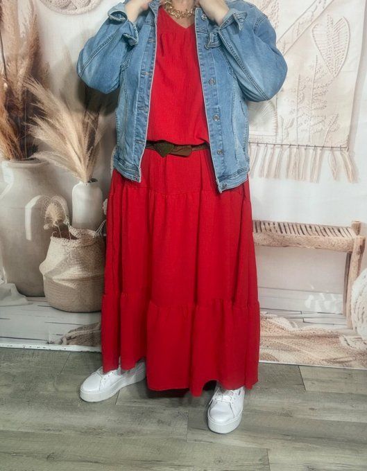 Robe trapèze longue rouge Col V manches longues élastiquées du 42 au 54/56 