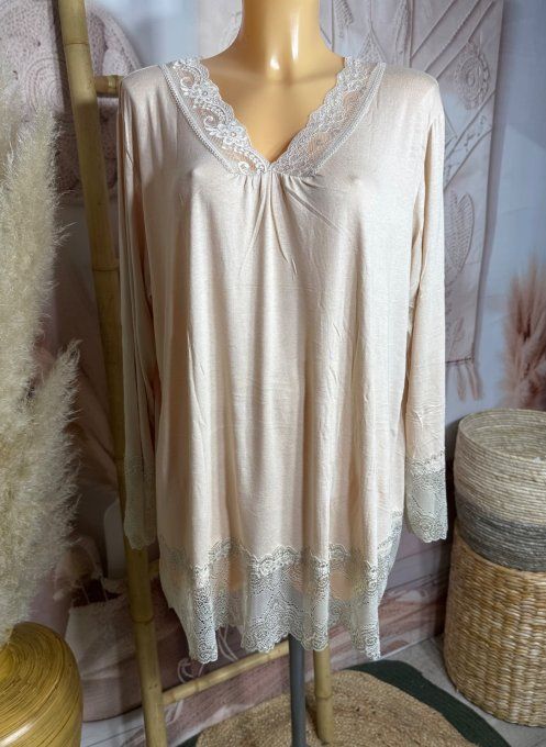 Top dentelle / Sous-pull dit "Rouleau" beige clair manches longues qualité +++ du 42 au 54/56 