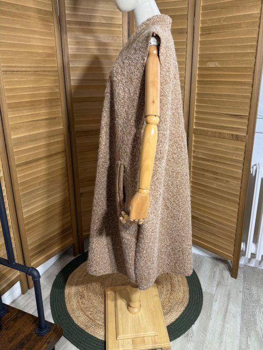 gilet long sans manches ample bouclette camel chiné du 40 au 52