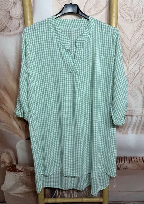 Tunique ou Robe courte Vichy Vert Menthe col Mao manches réglables du 38 au 48/50 