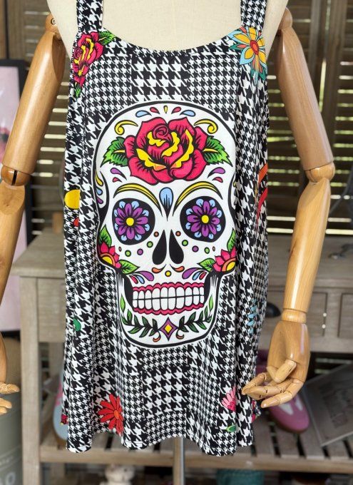 Top débardeur trapèze pieds de poule Mexican Skulls Calavera du 40 au 50/52 