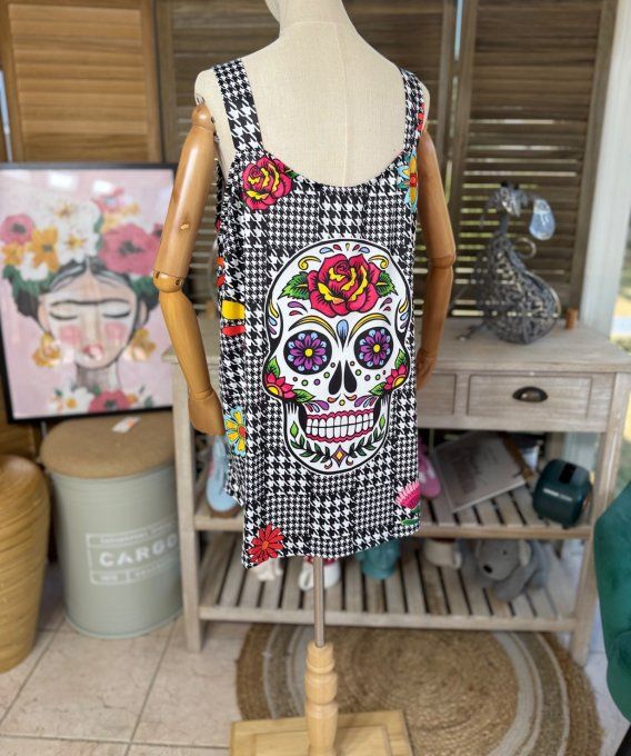 Top débardeur trapèze pieds de poule Mexican Skulls Calavera du 40 au 50/52 