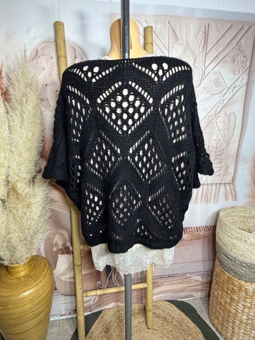 Pull asymétrique ample SANS LAINE maille crochet Bohème noir douceur ++ du 40 au 52