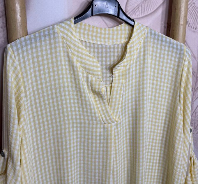 Tunique ou Robe courte Vichy Jaune Pastel col Mao manches réglables du 38 au 48/50