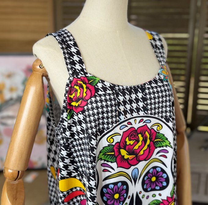 Top débardeur trapèze pieds de poule Mexican Skulls Calavera du 40 au 50/52 