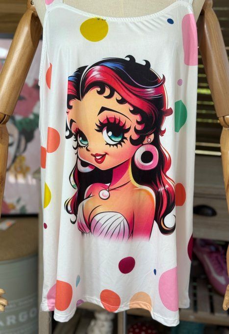 Top débardeur trapèze blanc pois multicolores Betty Boop chic du 40 au 50/52
