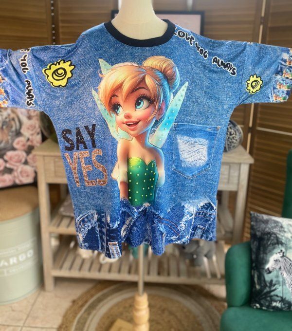 Top effet jeans Tinkerbell La Fée Clochette  Strass et perles en relief du 40 au 50/52