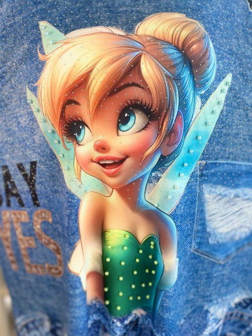 Top effet jeans Tinkerbell La Fée Clochette  Strass et perles en relief du 40 au 50/52
