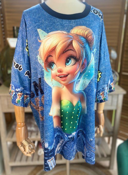 Top effet jeans Tinkerbell La Fée Clochette  Strass et perles en relief du 40 au 50/52