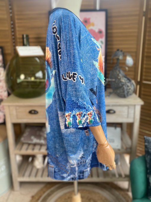 Top effet jeans Tinkerbell La Fée Clochette  Strass et perles en relief du 40 au 50/52