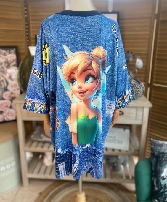 Top effet jeans Tinkerbell La Fée Clochette  Strass et perles en relief du 40 au 50/52