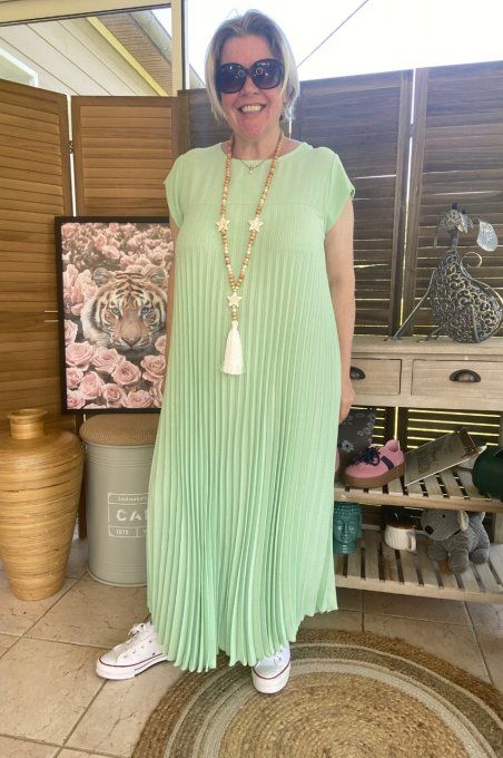 Robe ample longue plissée manches courtes vert d'eau du 38 au 48/50