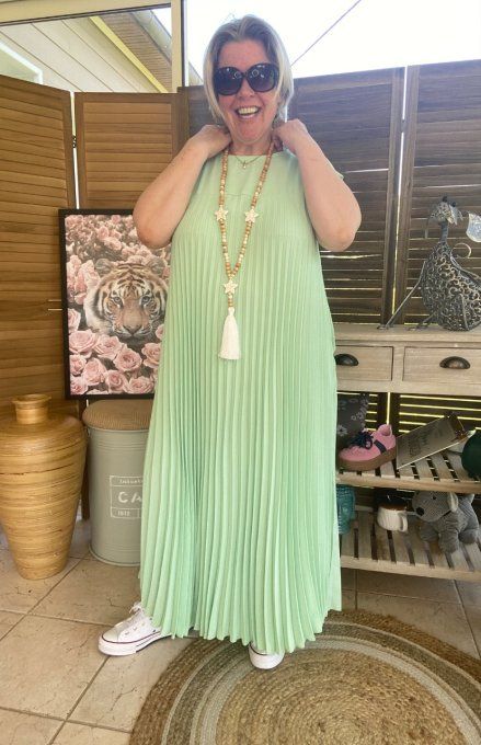 Robe ample longue plissée manches courtes vert d'eau du 38 au 48/50