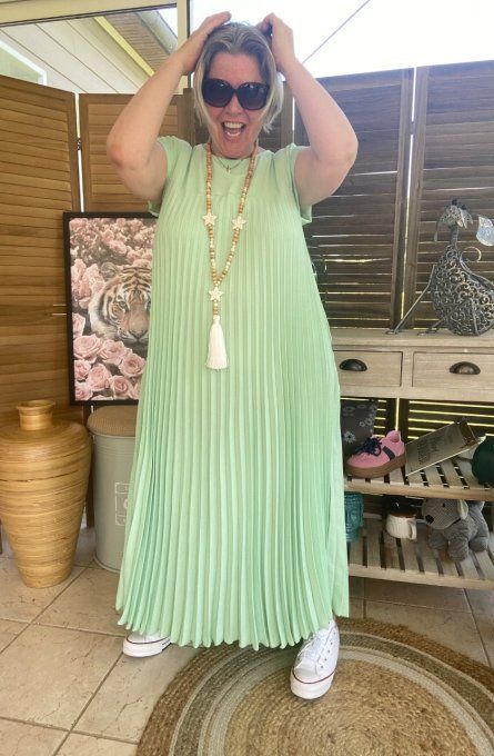 Robe ample longue plissée manches courtes vert d'eau du 38 au 48/50