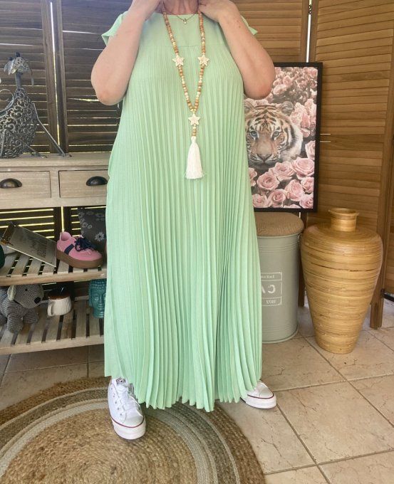 Robe ample longue plissée manches courtes vert d'eau du 38 au 48/50