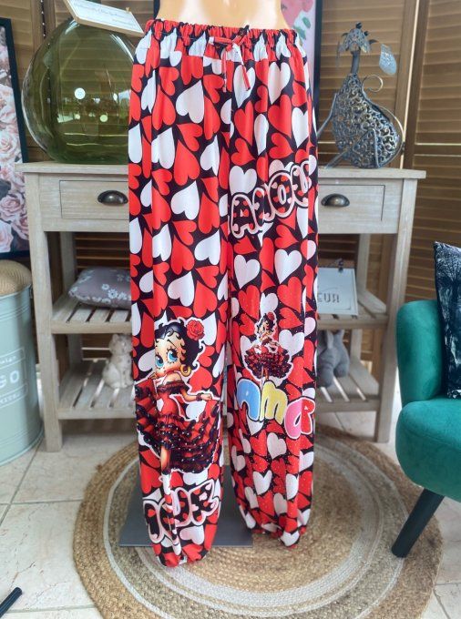 pantalon boule Coeurs rouges blancs Betty Boop Perles + Strass argentés  du 40 au 50/52
