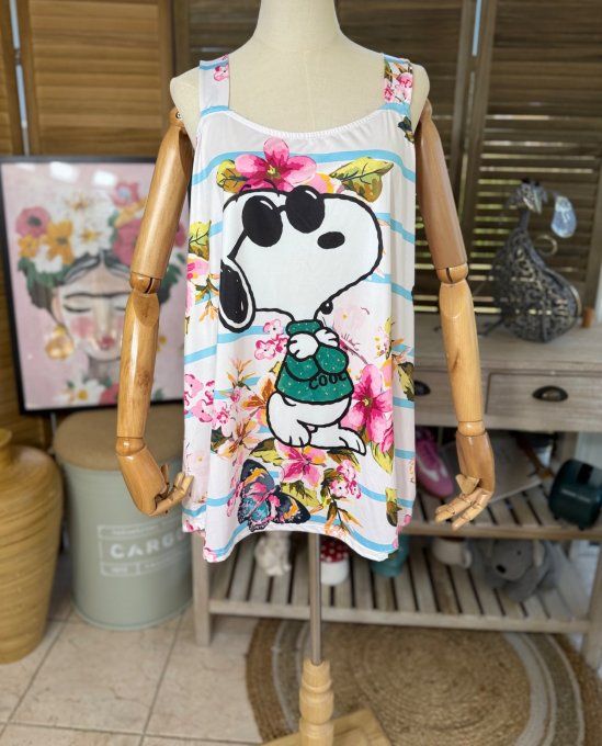 Top débardeur trapèze blanc rayé ciel Snoopy & Fleurs Liberty du 40 au 50/52 