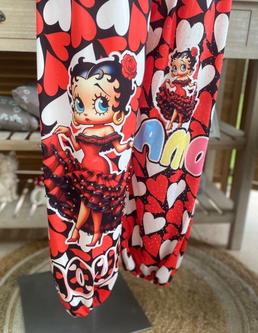 pantalon boule Coeurs rouges blancs Betty Boop Perles + Strass argentés  du 40 au 50/52