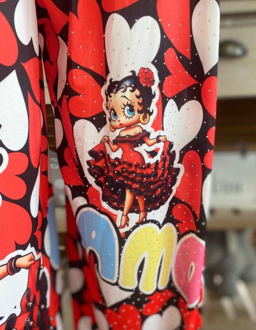 pantalon boule Coeurs rouges blancs Betty Boop Perles + Strass argentés  du 40 au 50/52