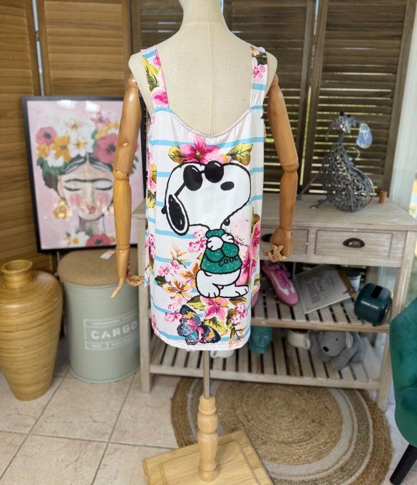 Top débardeur trapèze blanc rayé ciel Snoopy & Fleurs Liberty du 40 au 50/52 