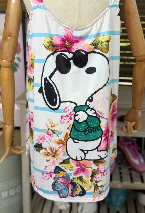 Top débardeur trapèze blanc rayé ciel Snoopy & Fleurs Liberty du 40 au 50/52 