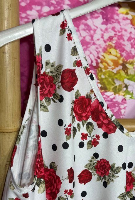Blouse trapèze ample blanche pois noirs fleurs rouges larges bretelles du 38 au 46/48  