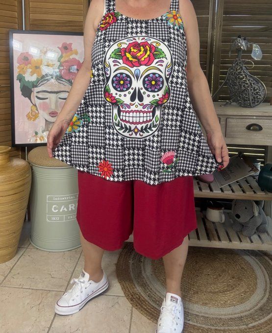 Top débardeur trapèze pieds de poule Mexican Skulls Calavera du 40 au 50/52 