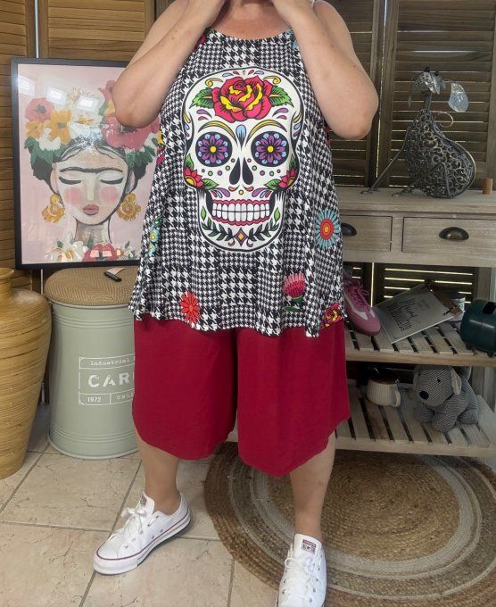 Top débardeur trapèze pieds de poule Mexican Skulls Calavera du 40 au 50/52 
