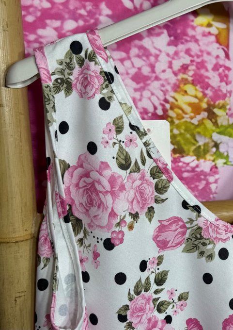 Blouse trapèze ample blanche pois noirs fleurs roses larges bretelles du 38 au 46/48